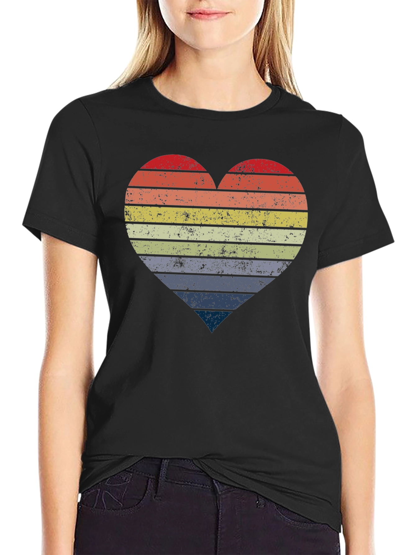 Retro Striped Heart Graphic Tee - Black