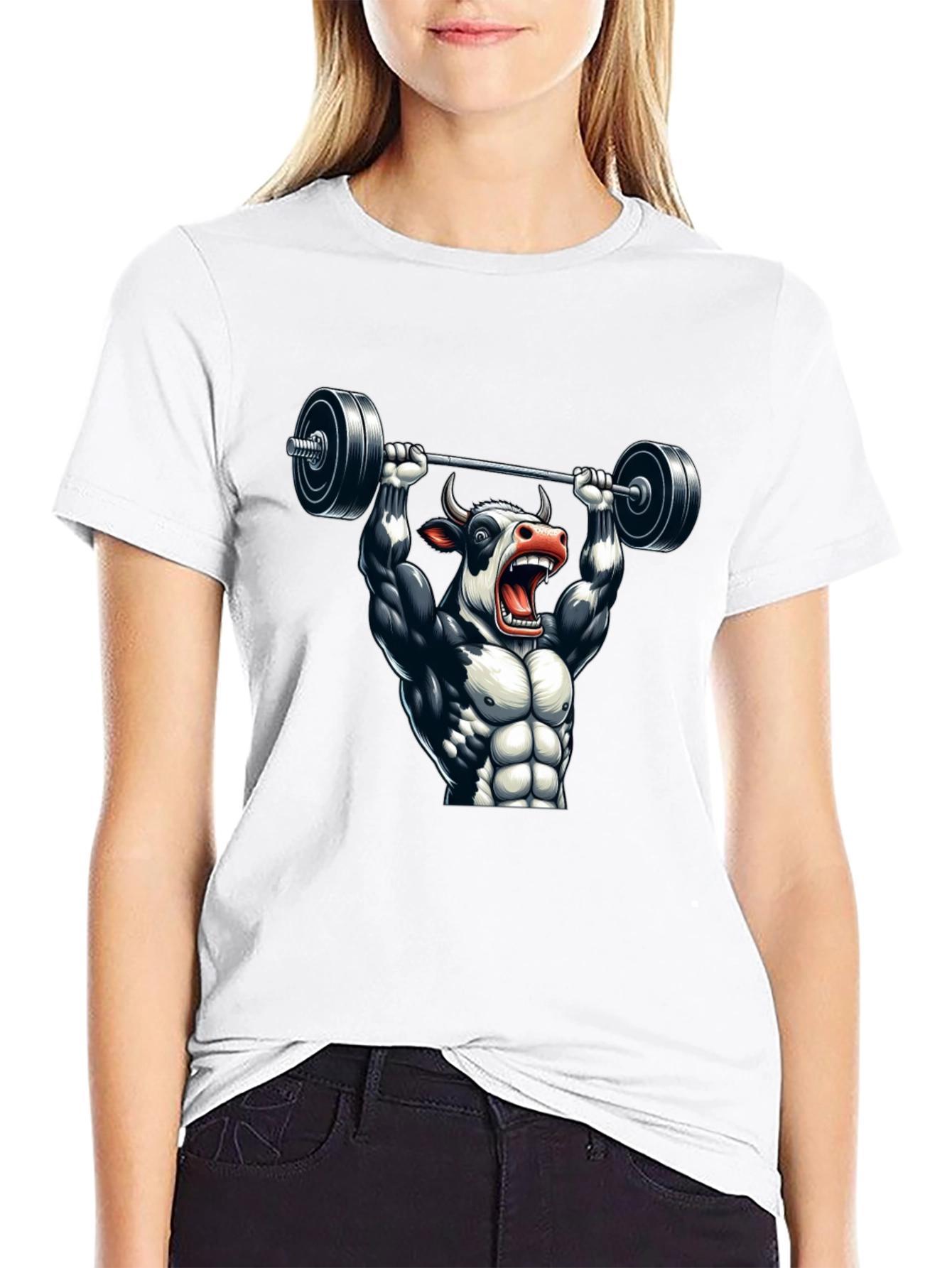Weightlifting Cow Graphic Tee - Black