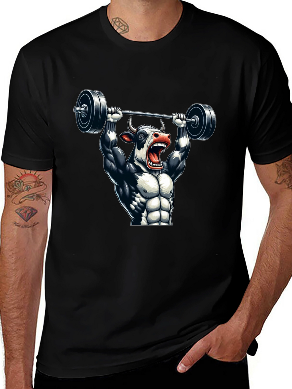 Weightlifting Cow Graphic Tee - Black