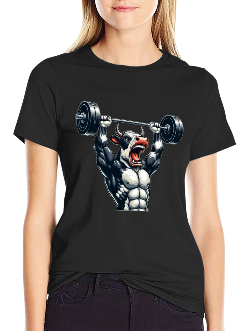 Weightlifting Cow Graphic Tee - Black