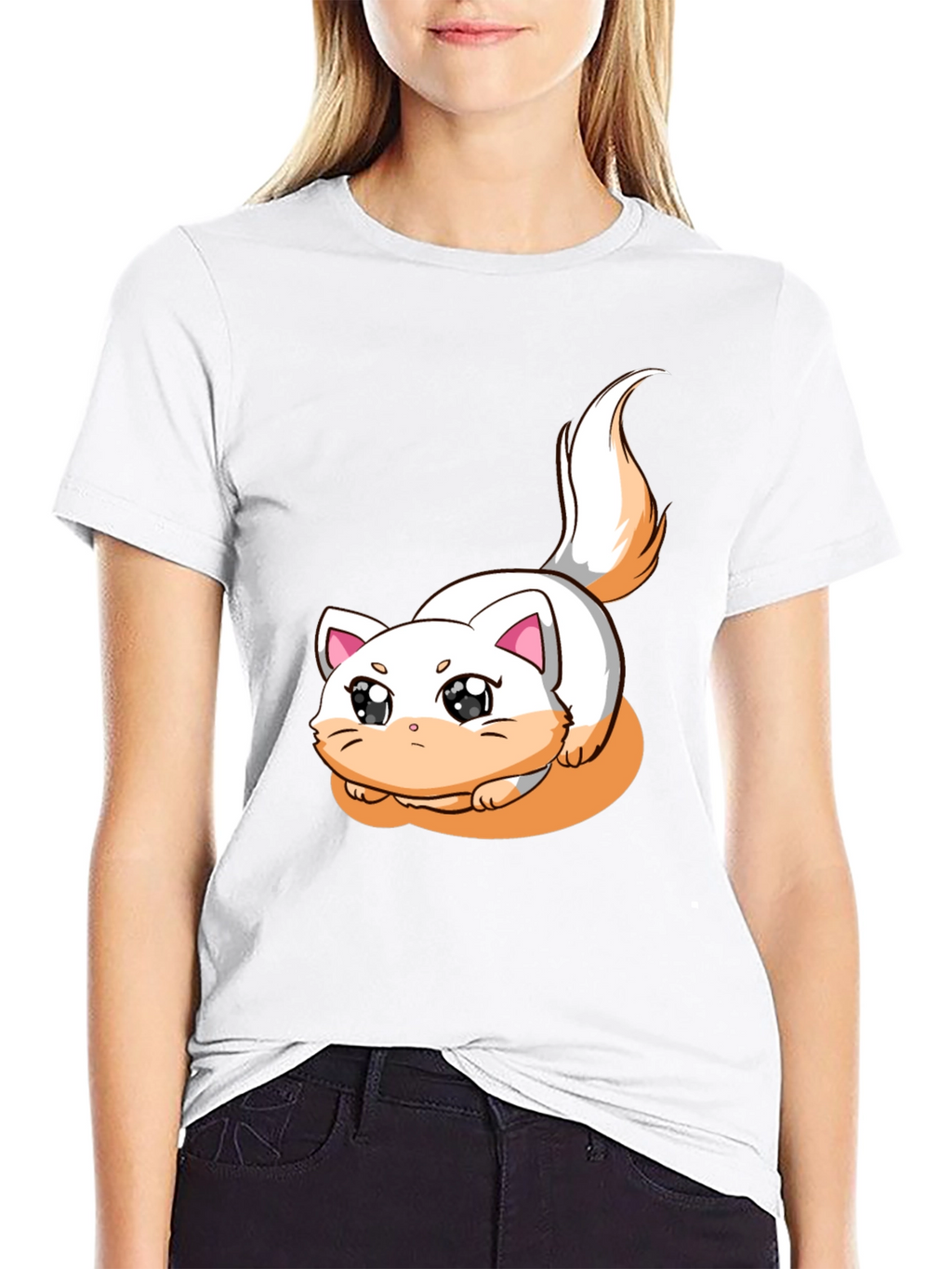 Cute Cartoon Cat Graphic T-Shirt - Black