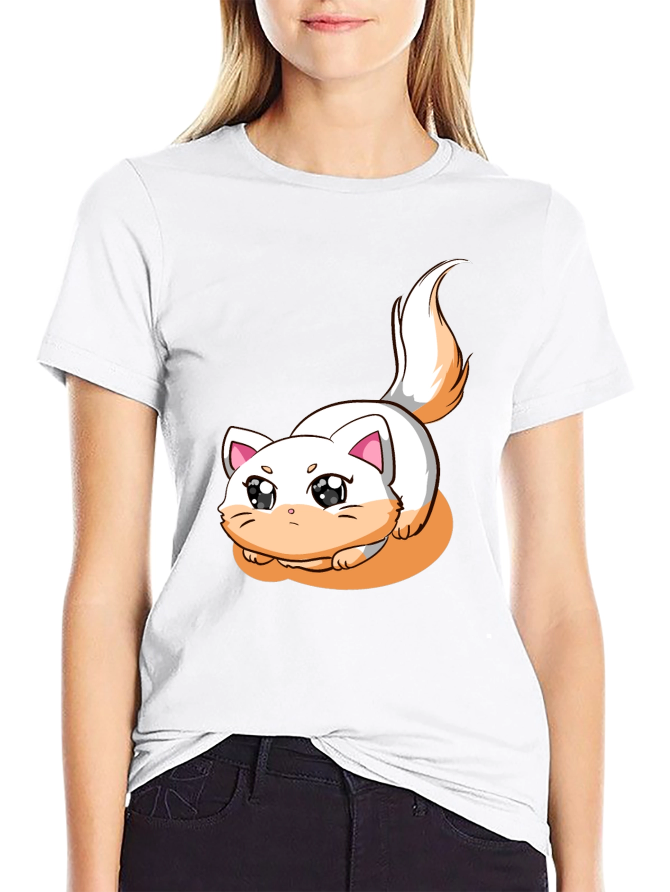 Cute Cartoon Cat Graphic T-Shirt - Black