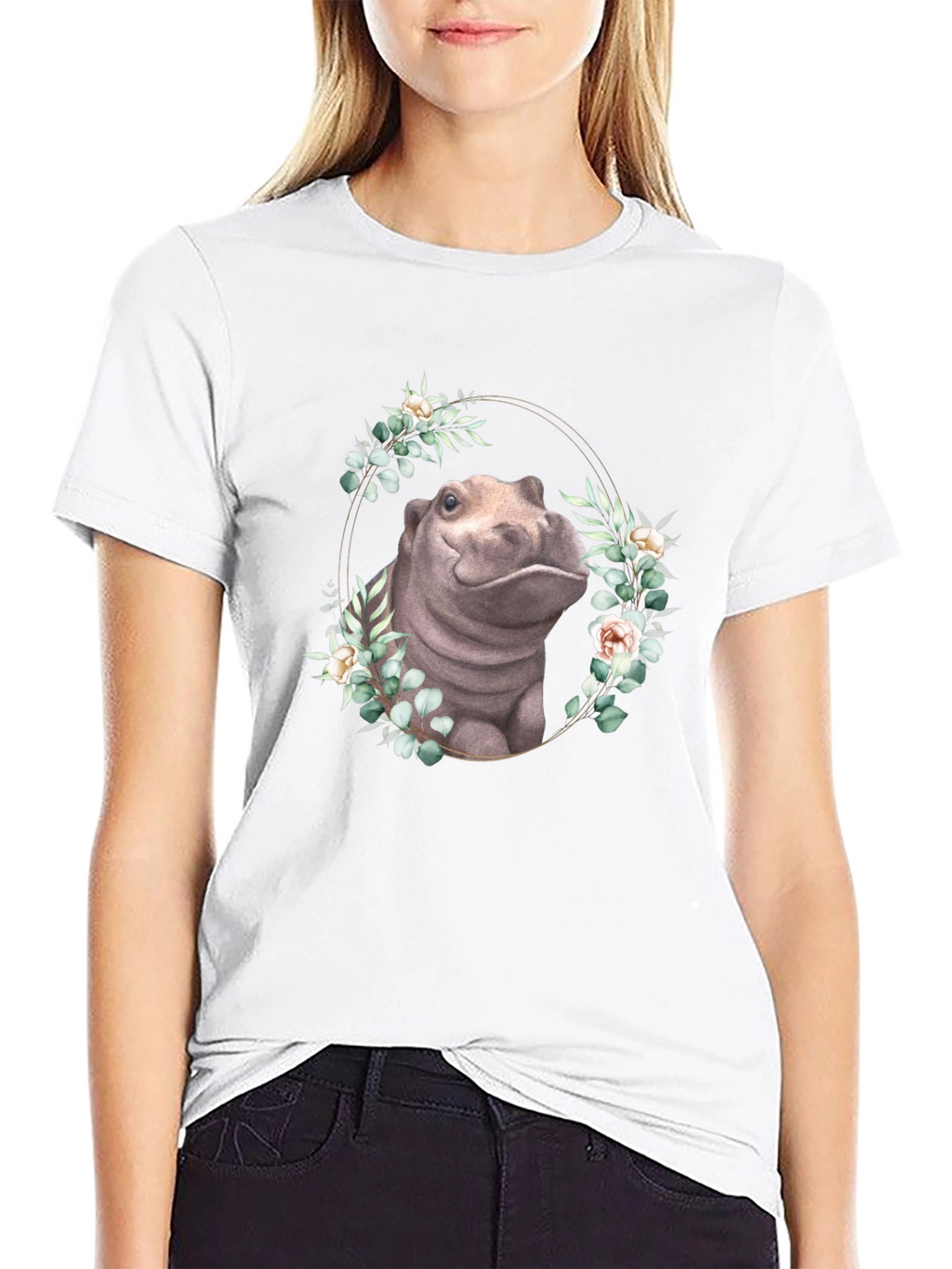 Hippo Floral Wreath T-Shirt - Unique Animal Design