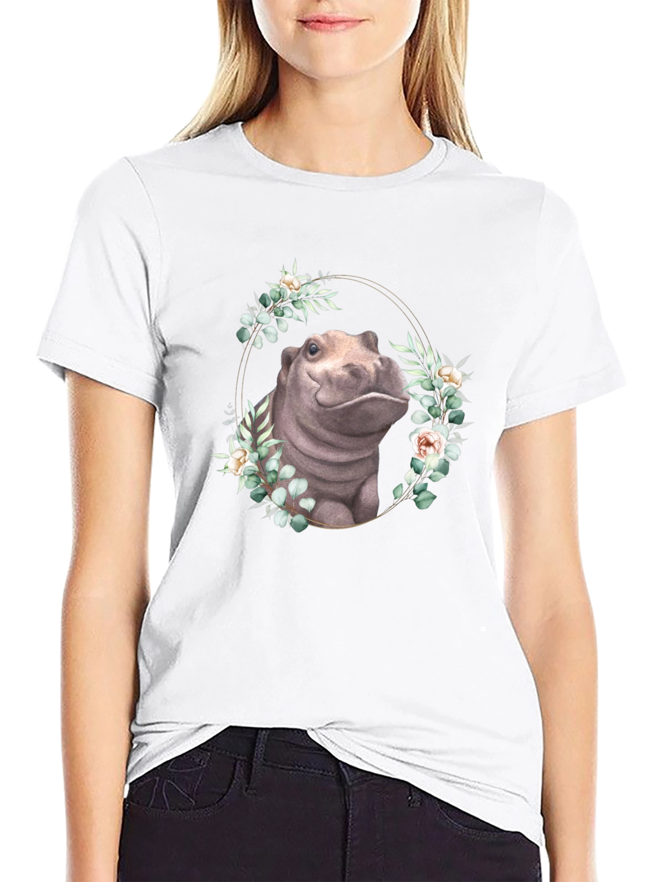 Hippo Floral Wreath T-Shirt - Unique Animal Design