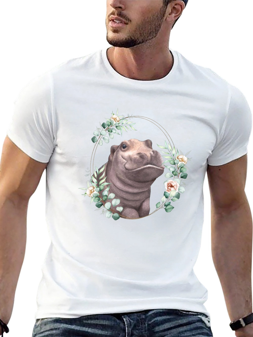 Hippo Floral Wreath T-Shirt - Unique Animal Design