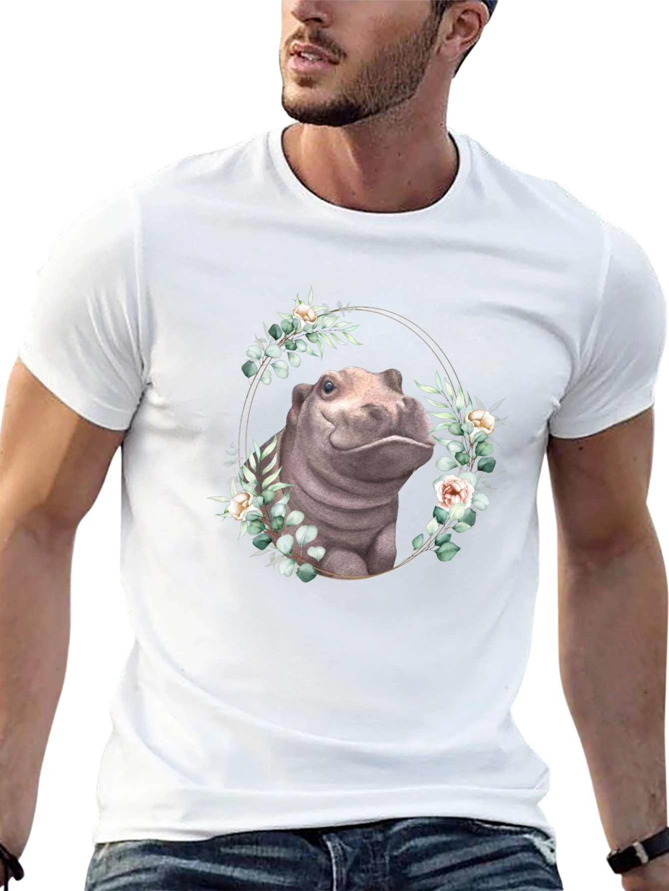 Hippo Floral Wreath T-Shirt - Unique Animal Design