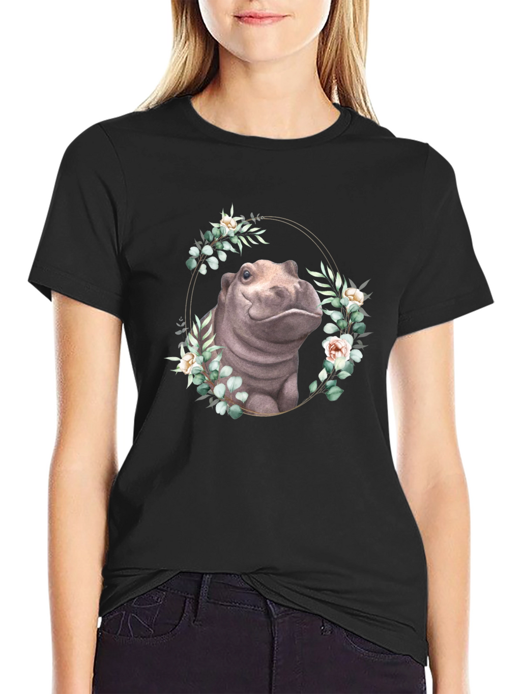 Hippo Floral Wreath T-Shirt - Unique Animal Design