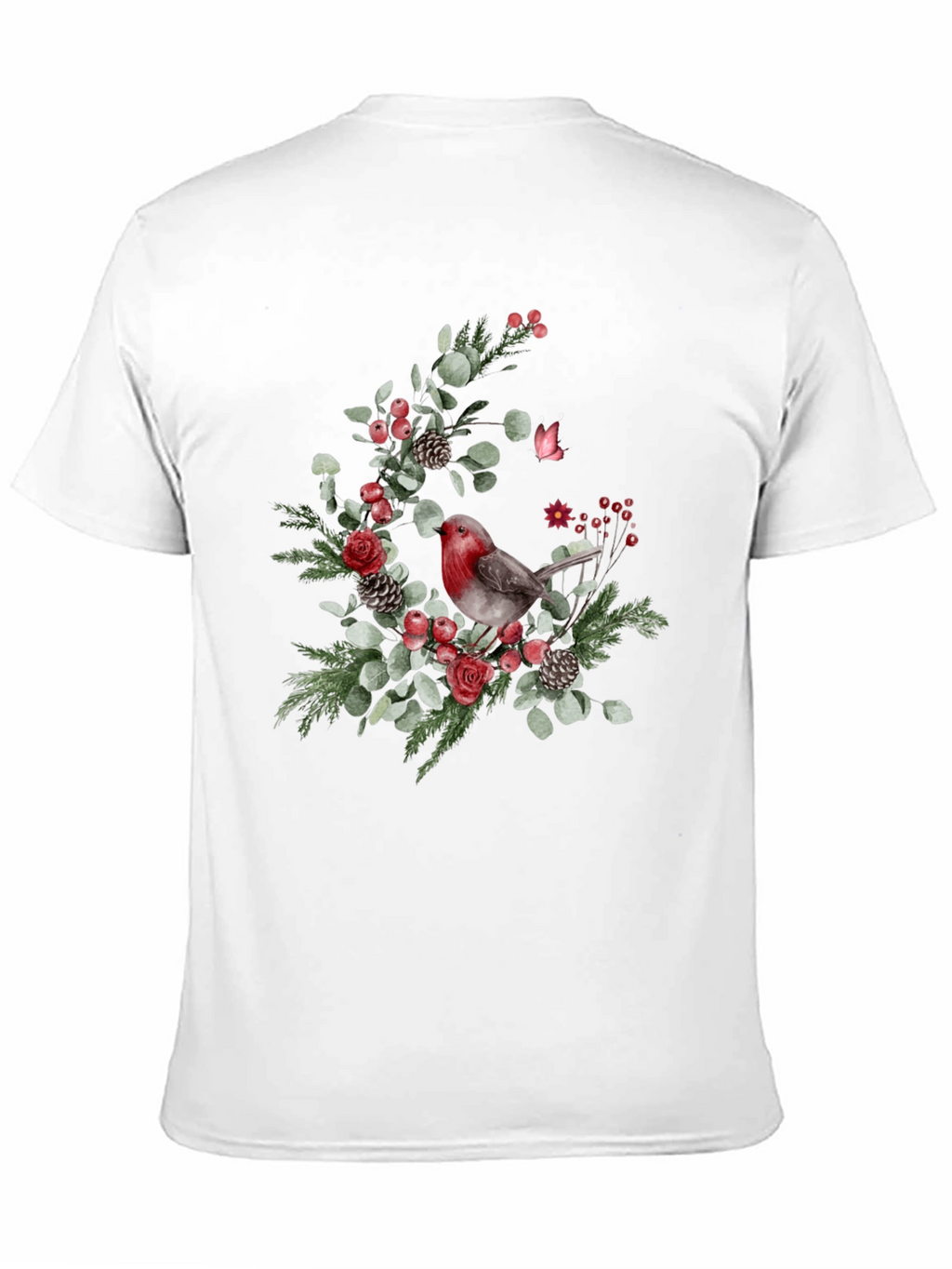 Festive Robin Floral Print Black T-Shirt