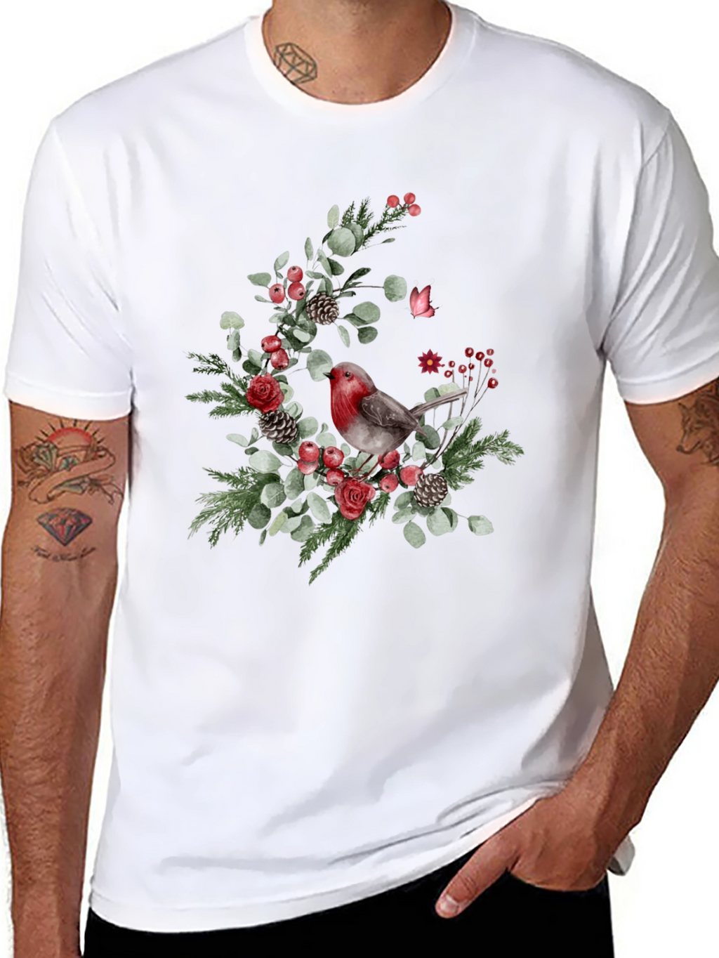 Festive Robin Floral Print Black T-Shirt