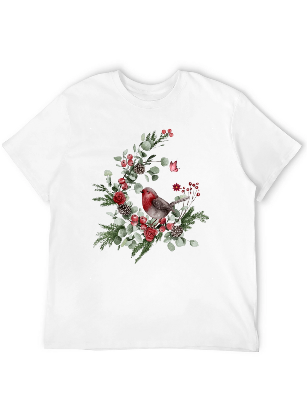 Festive Robin Floral Print Black T-Shirt
