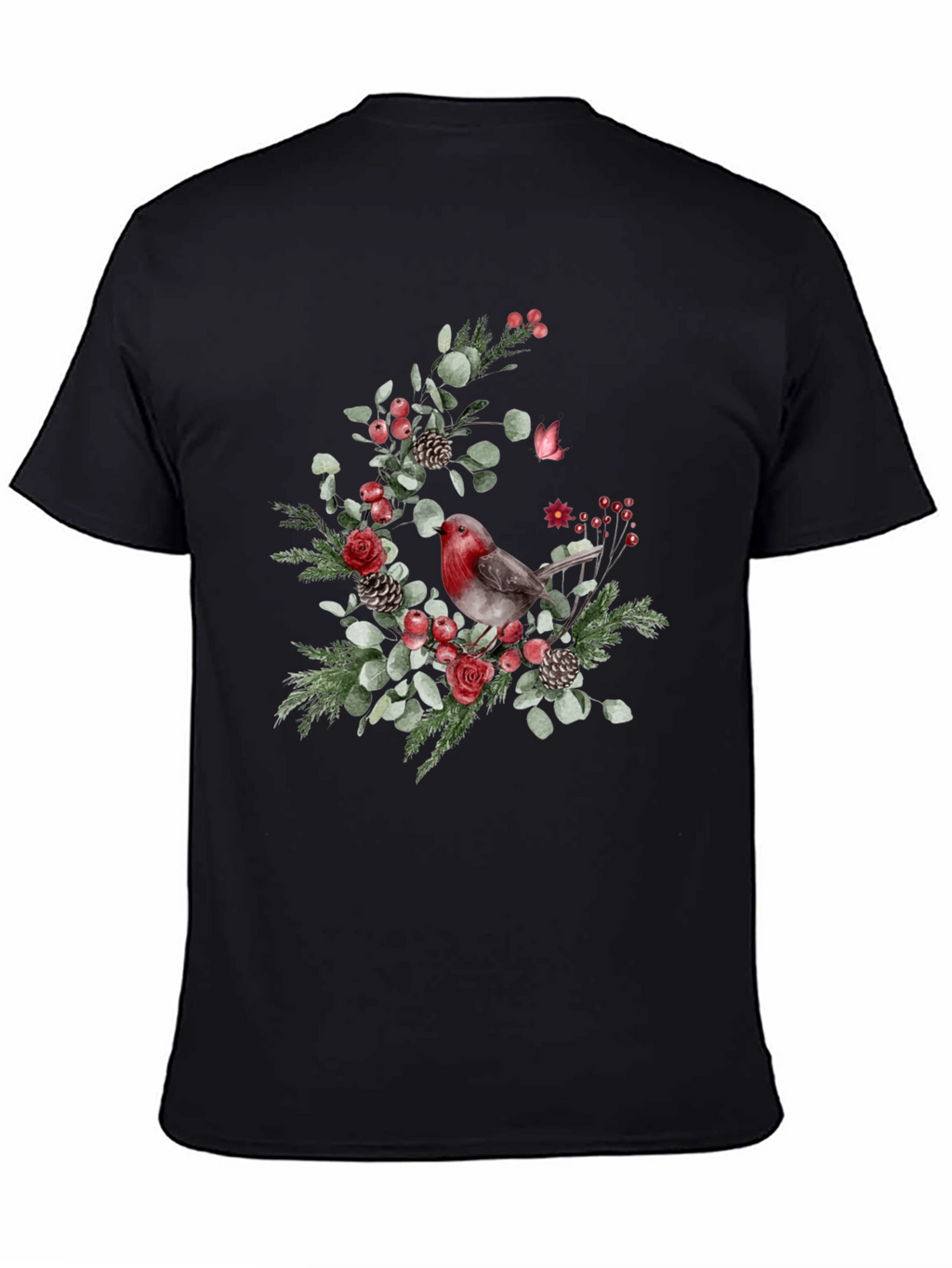 Festive Robin Floral Print Black T-Shirt