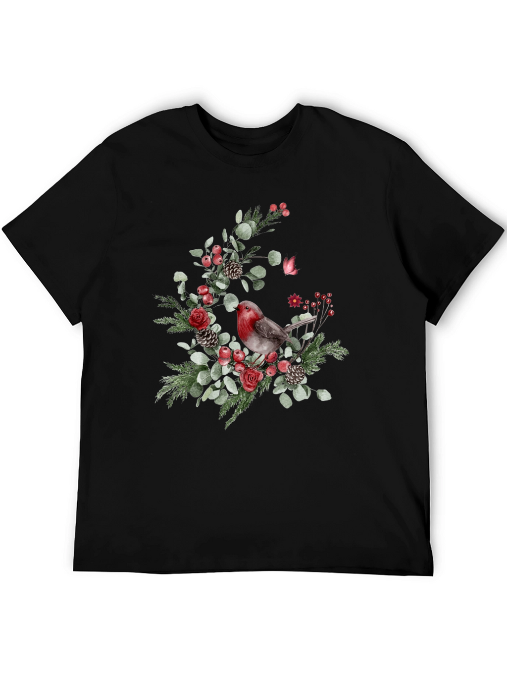 Festive Robin Floral Print Black T-Shirt