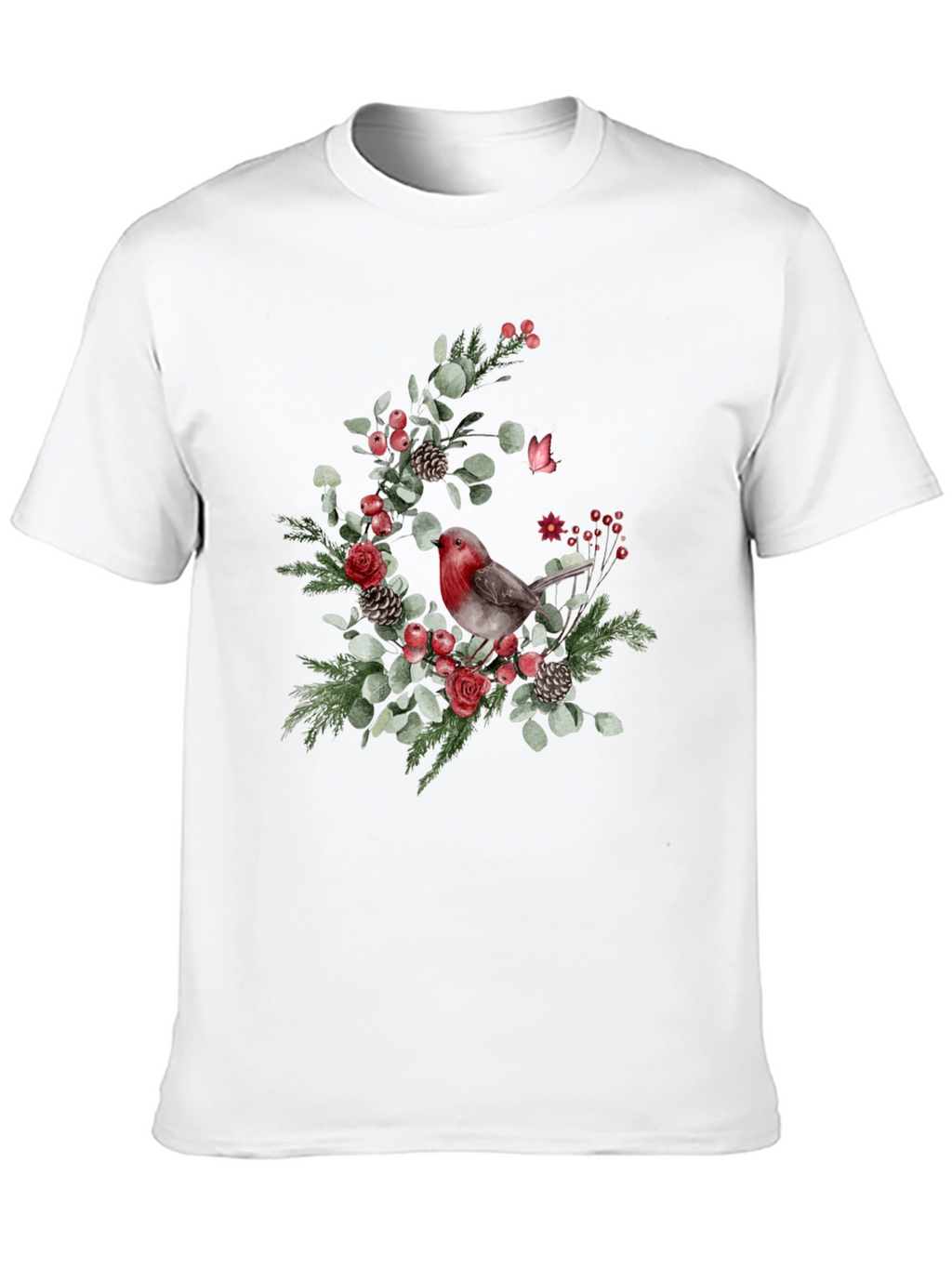 Festive Robin Floral Print Black T-Shirt