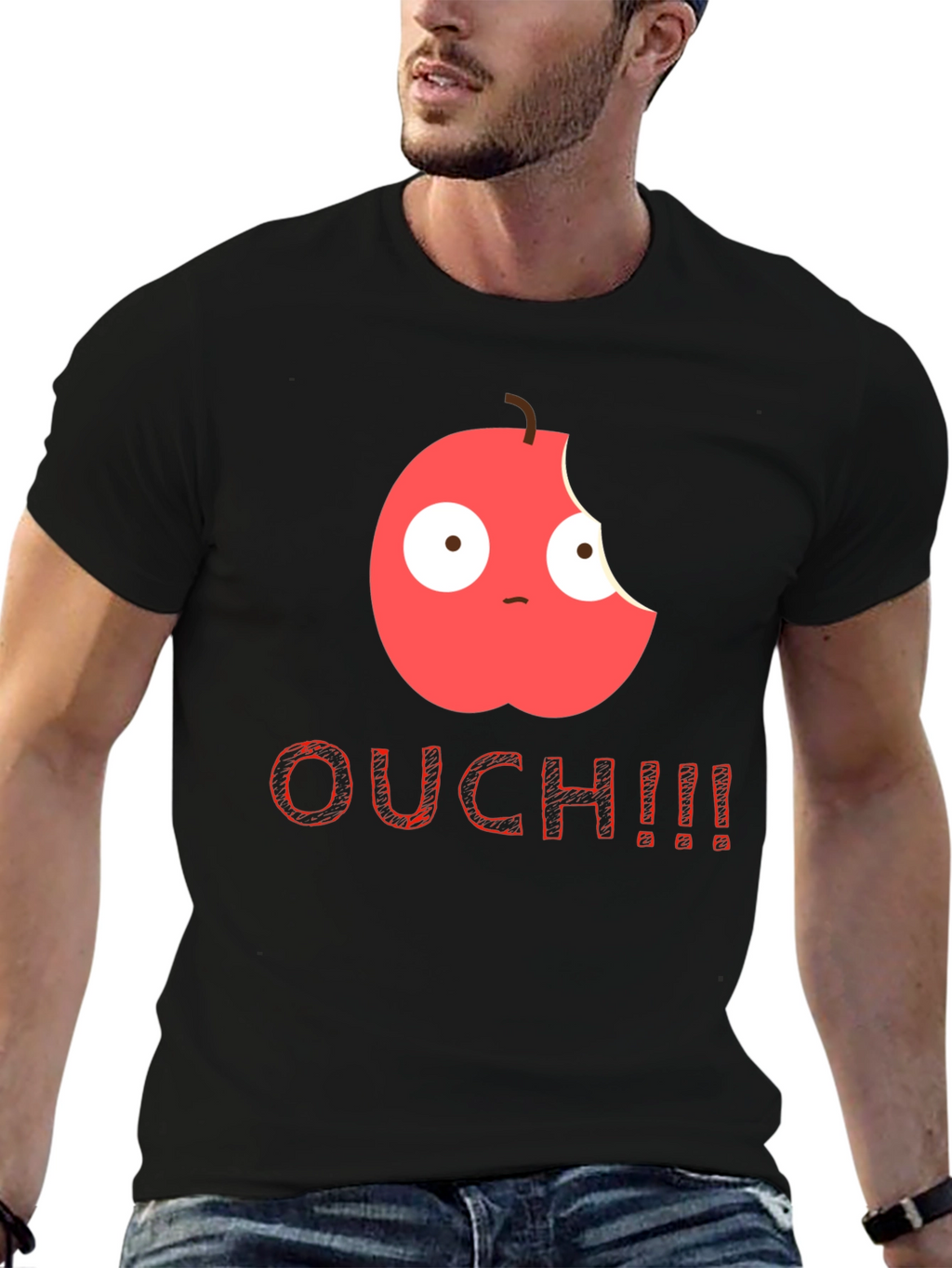 Bitten Apple Cartoon Black T-Shirt