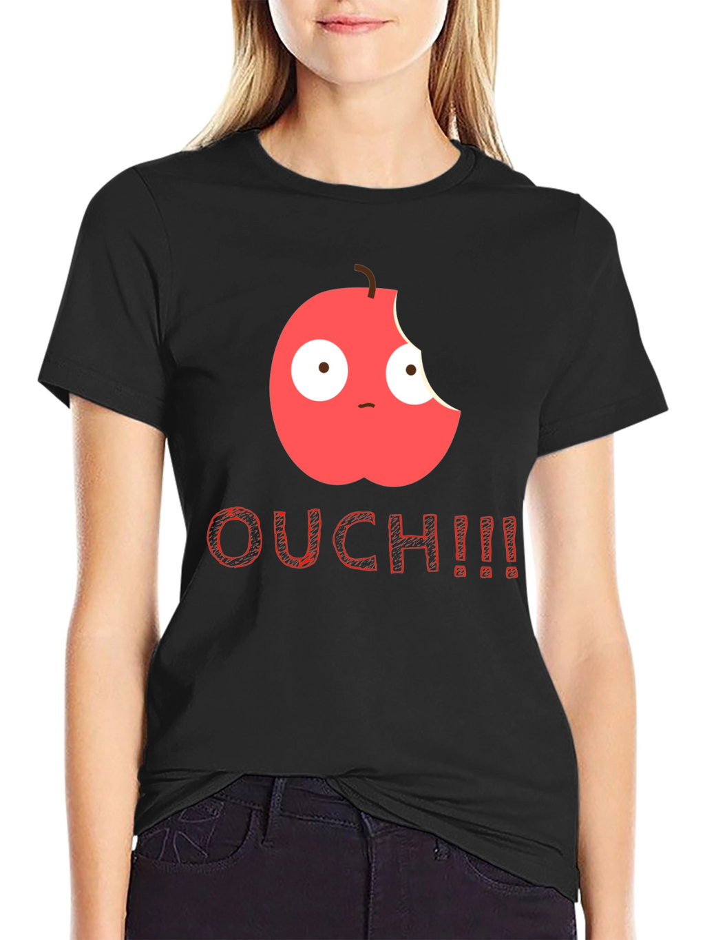 Bitten Apple Cartoon Black T-Shirt