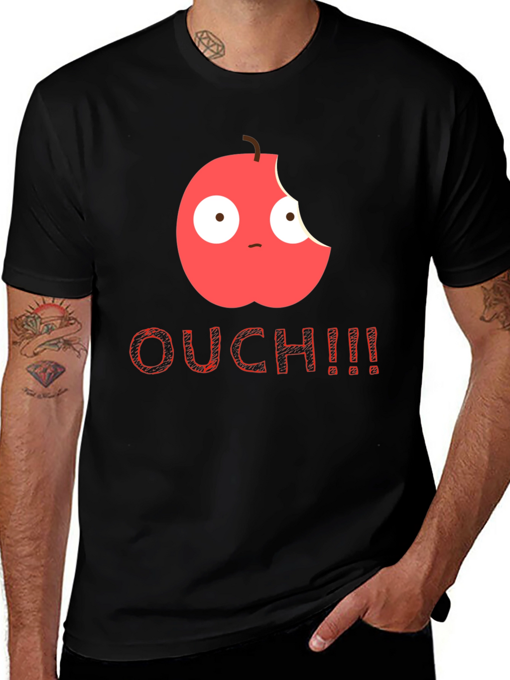 Bitten Apple Cartoon Black T-Shirt