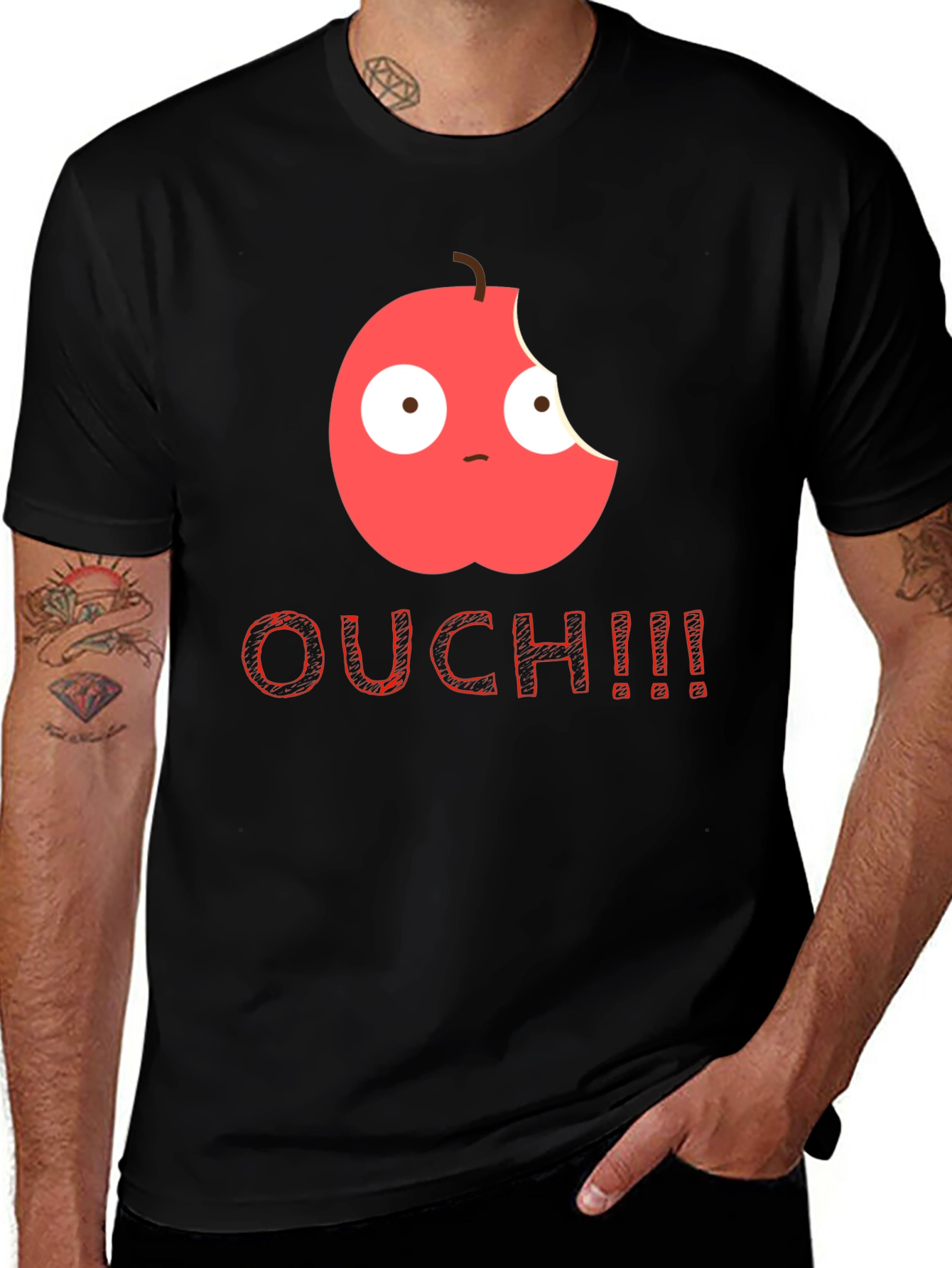 Bitten Apple Cartoon Black T-Shirt