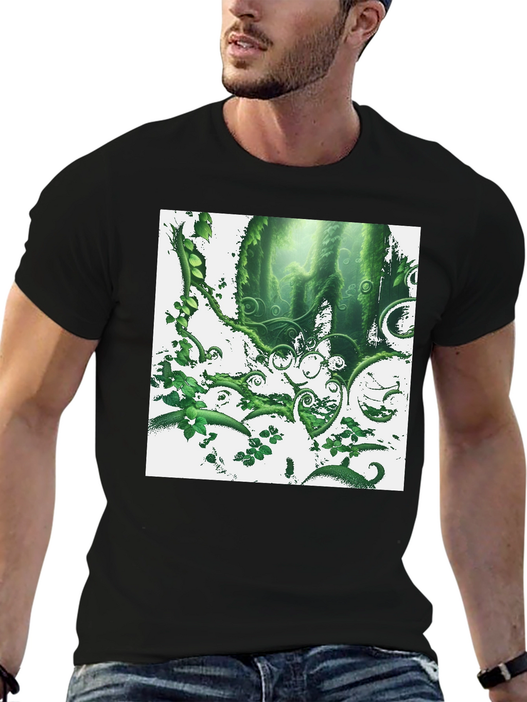 Nature Forest T-Shirt: Green Foliage Design on Black