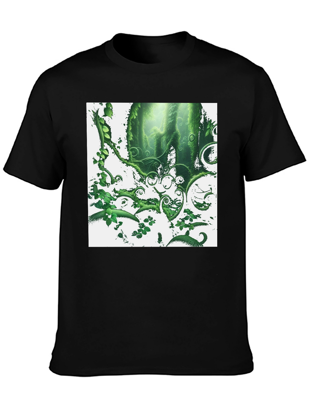 Nature Forest T-Shirt: Green Foliage Design on Black