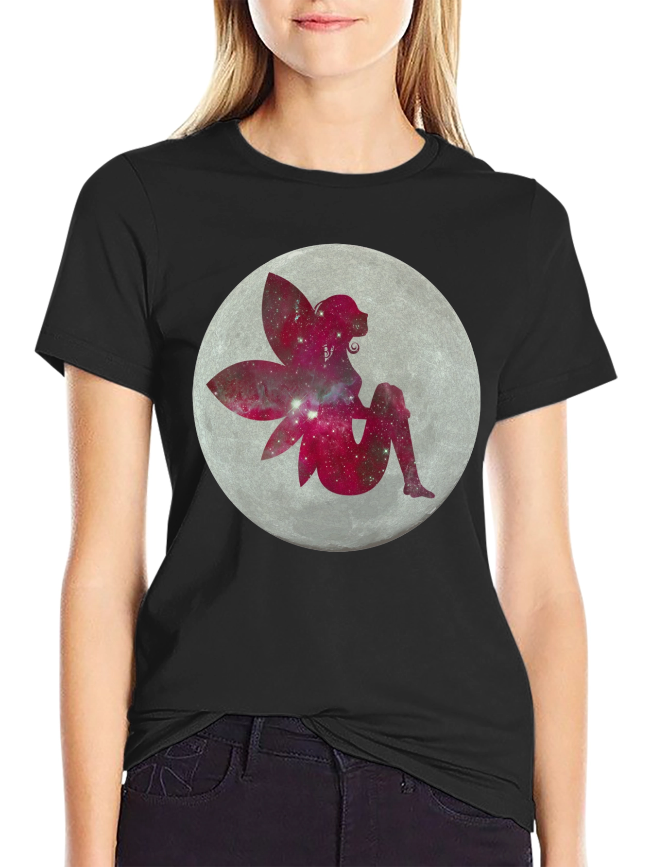 Fairy Moon Graphic Tee - Black Cotton Casual Shirt