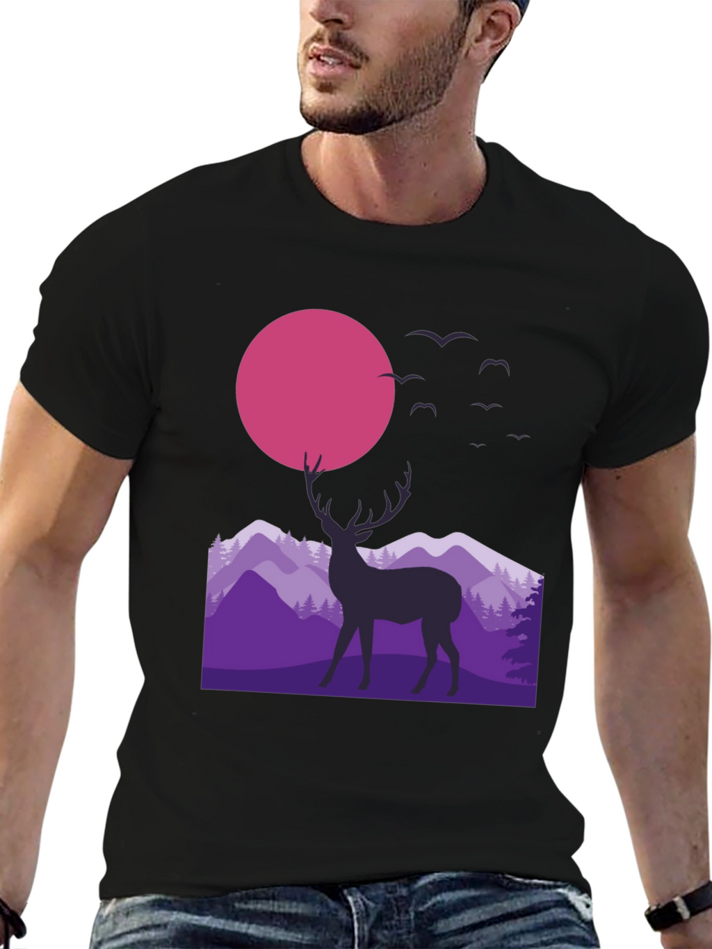 Deer Silhouette T-Shirt - Mountain Sunset Graphic Tee