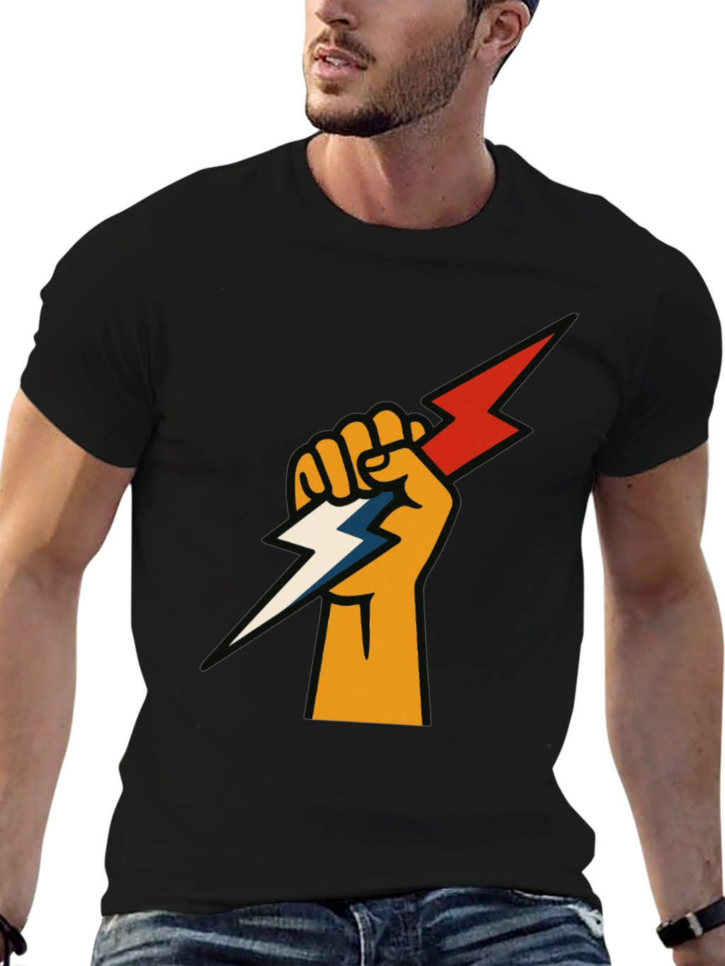 Fist Holding Lightning Bolt Graphic Tee - Black