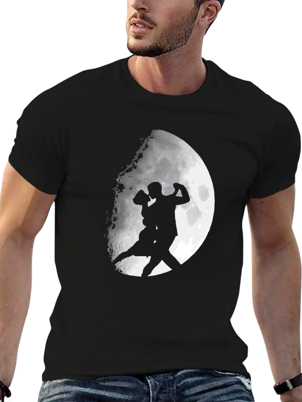 Romantic Tango Couple Moon Graphic T-Shirt - Black