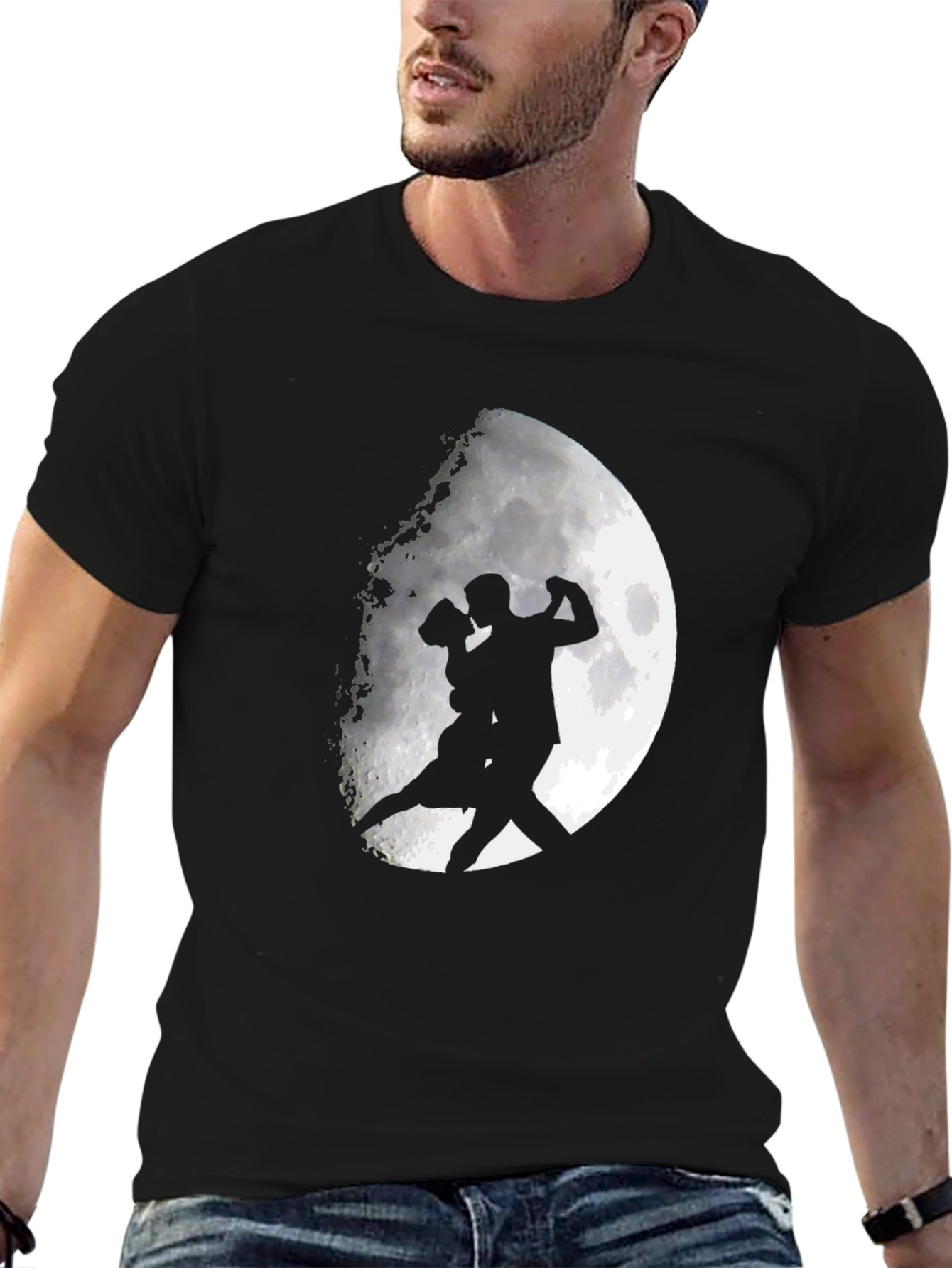 Romantic Tango Couple Moon Graphic T-Shirt - Black