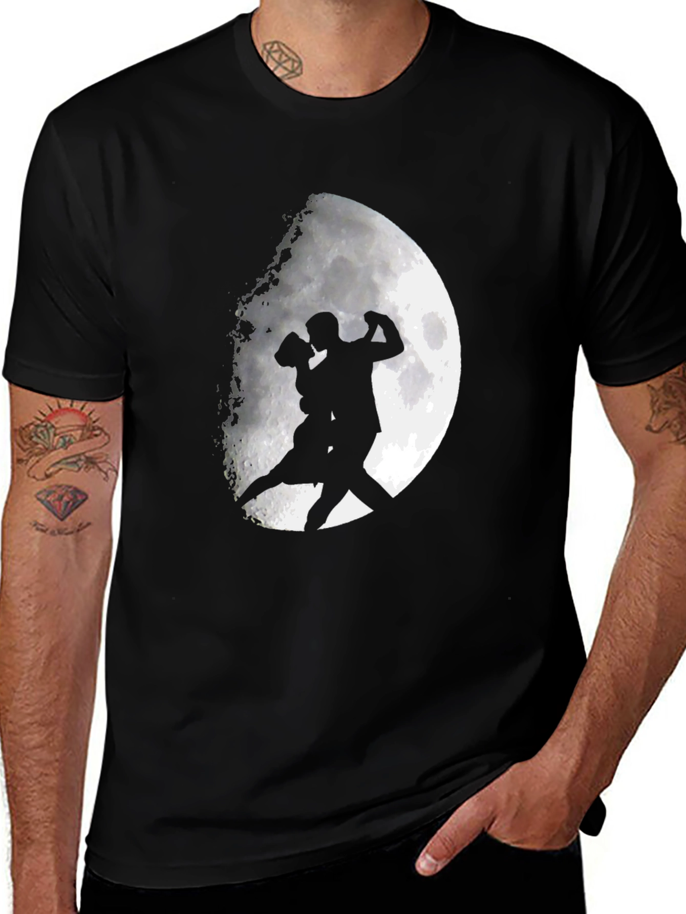 Romantic Tango Couple Moon Graphic T-Shirt - Black