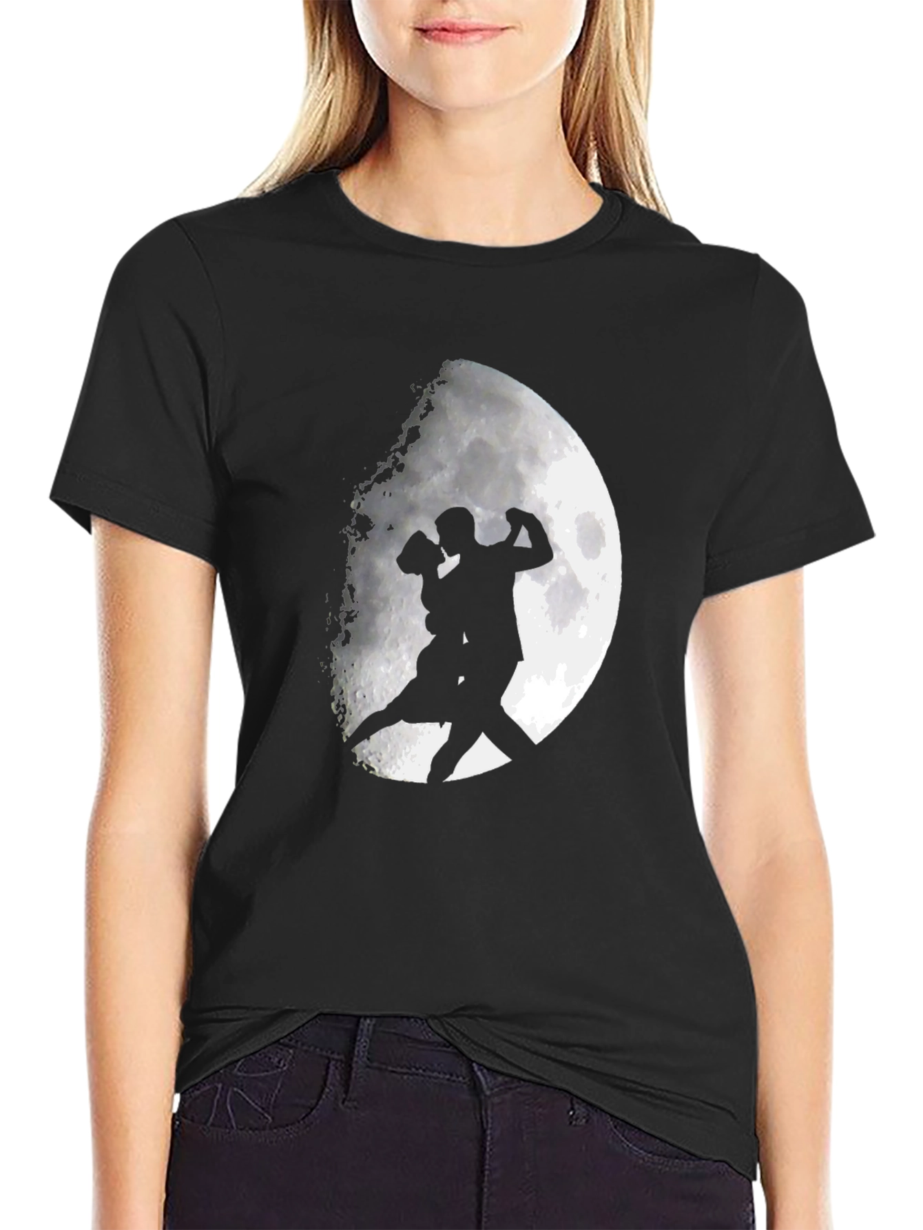 Romantic Tango Couple Moon Graphic T-Shirt - Black