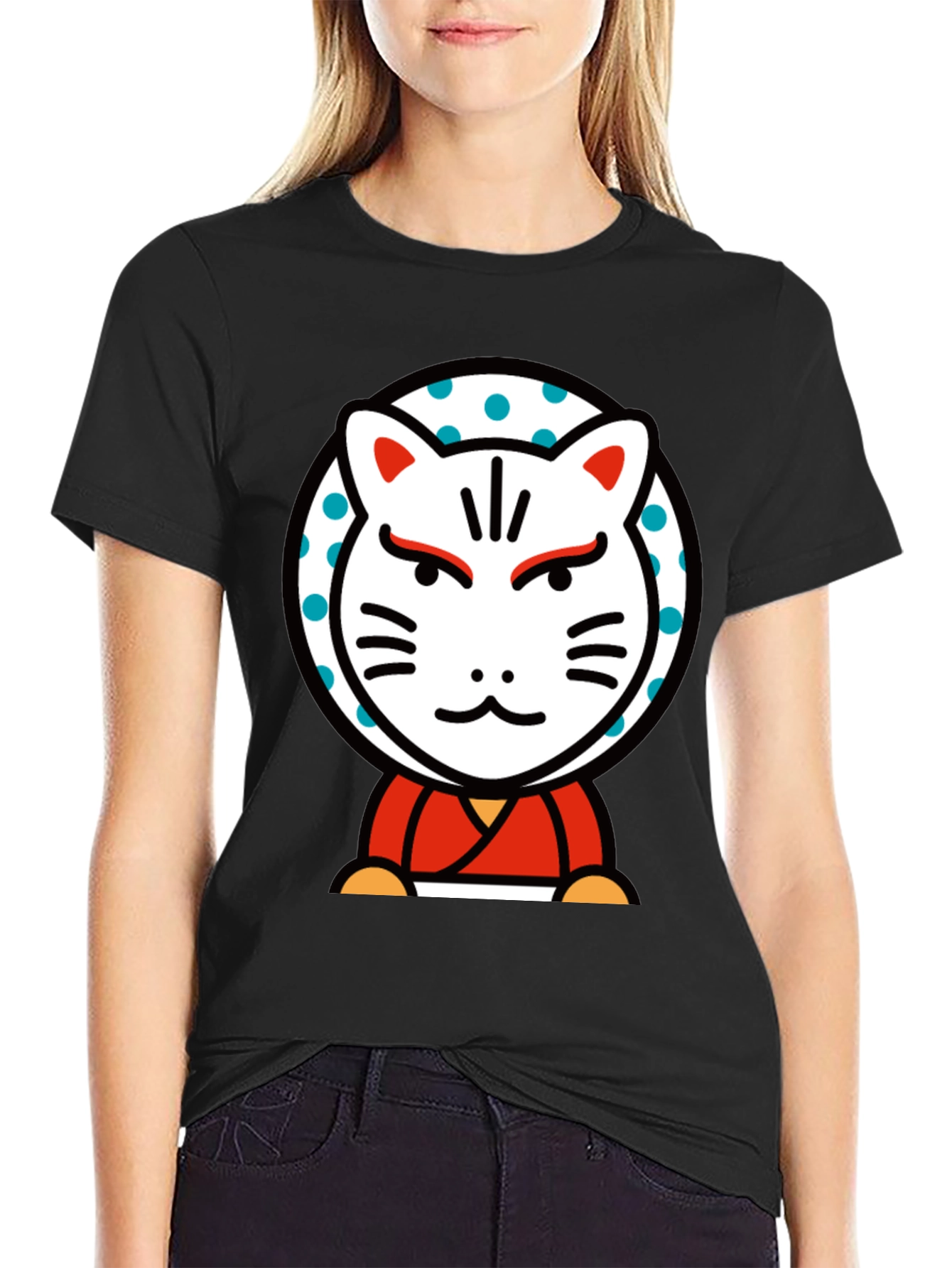 Maneki Neko Lucky Cat Graphic Tee - Black