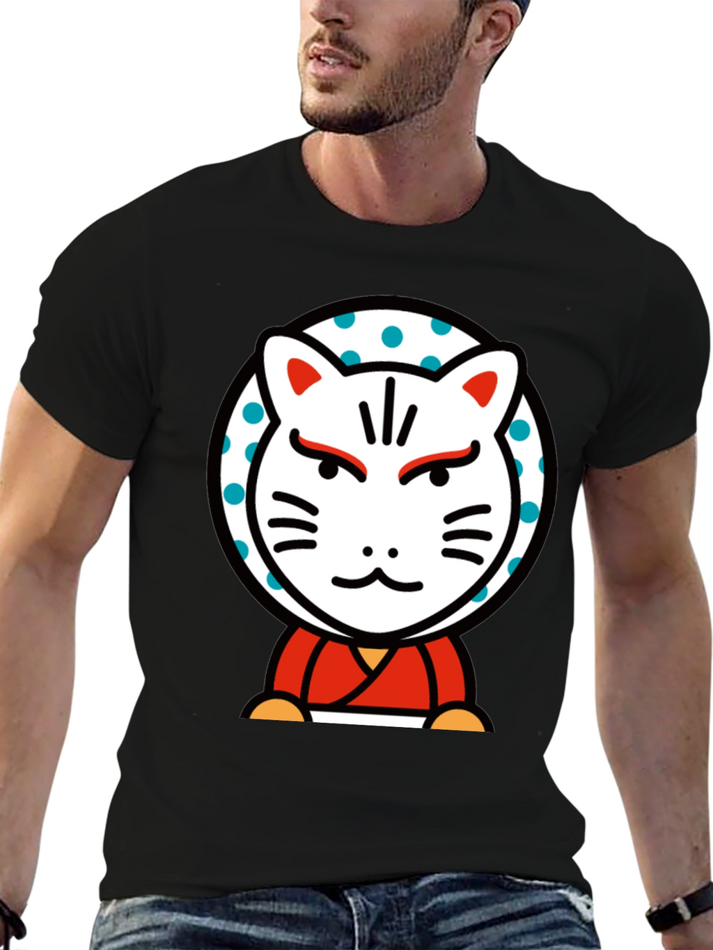 Maneki Neko Lucky Cat Graphic Tee - Black