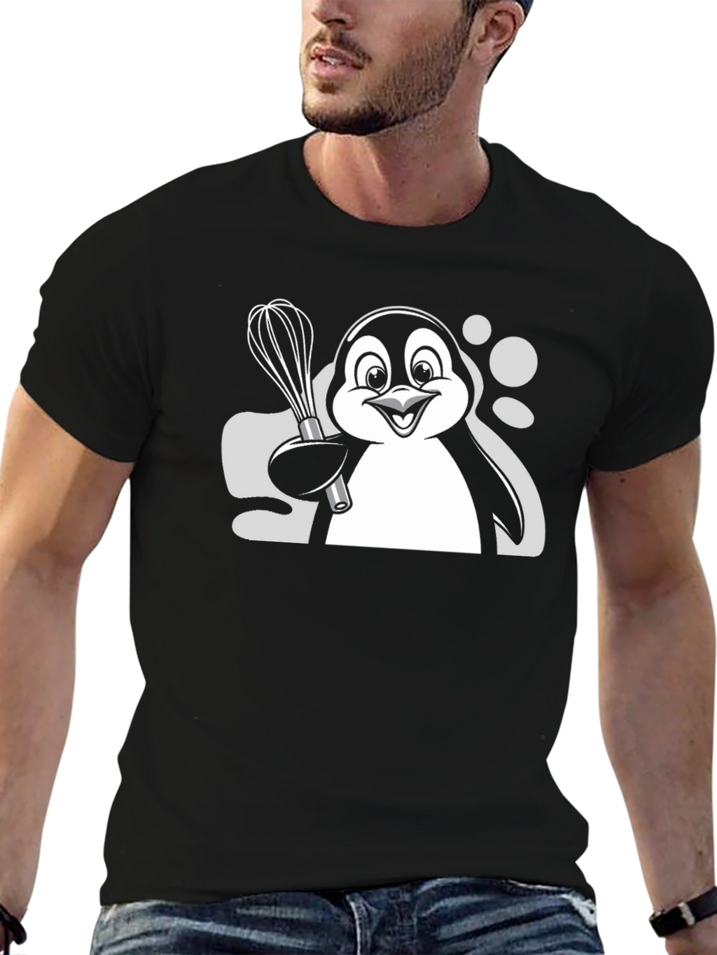 Penguin Chef Whisk Graphic T-Shirt - Black Cotton Blend