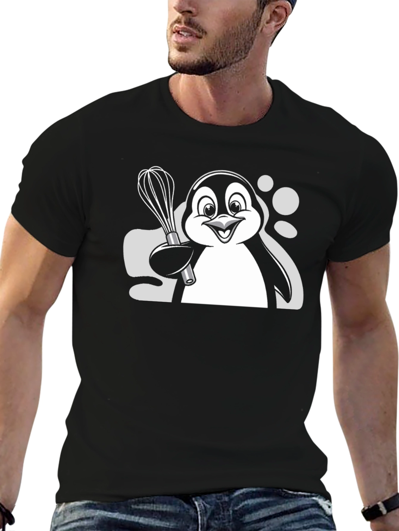 Penguin Chef Whisk Graphic T-Shirt - Black Cotton Blend