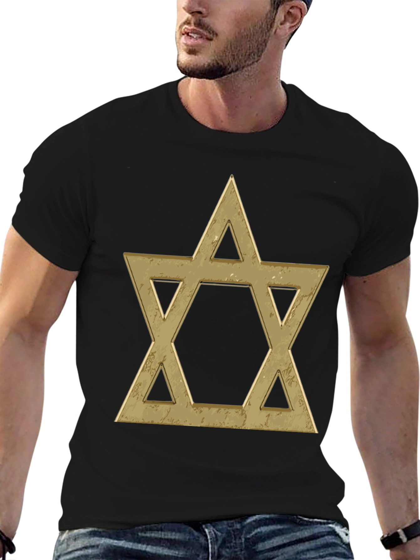 Star of David Graphic Tee - Gold Print on Black