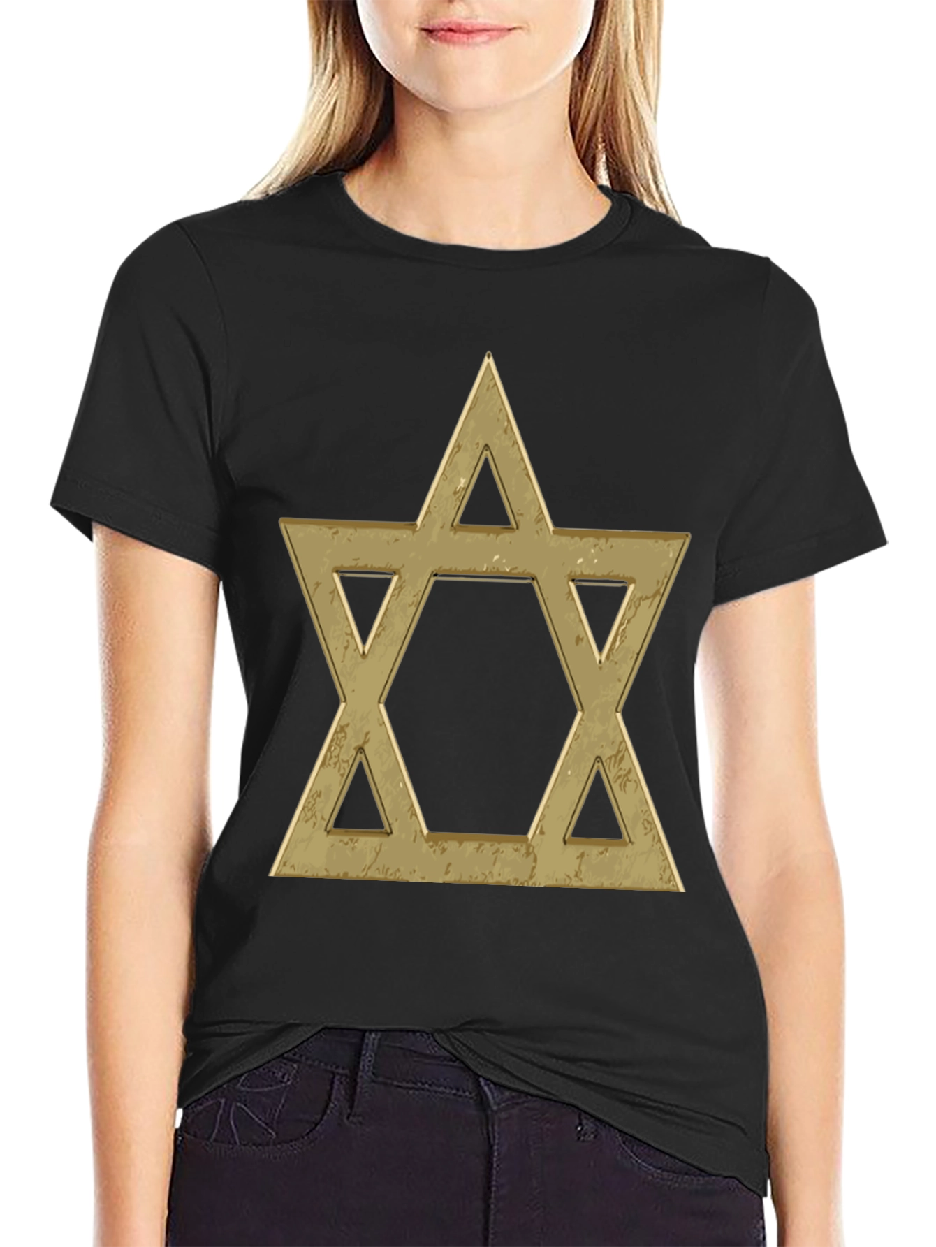 Star of David Graphic Tee - Gold Print on Black