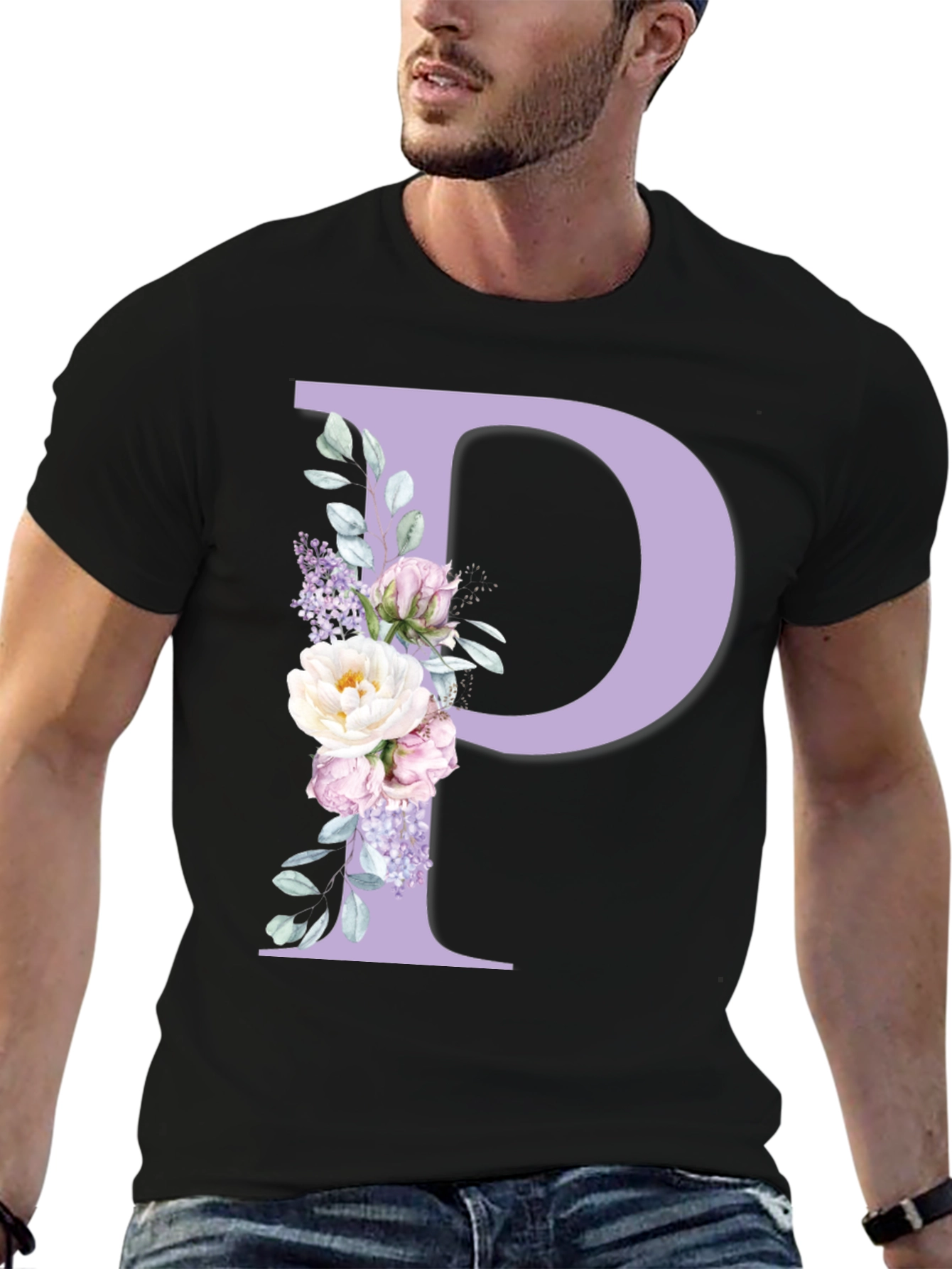 Floral Letter P Black T-Shirt