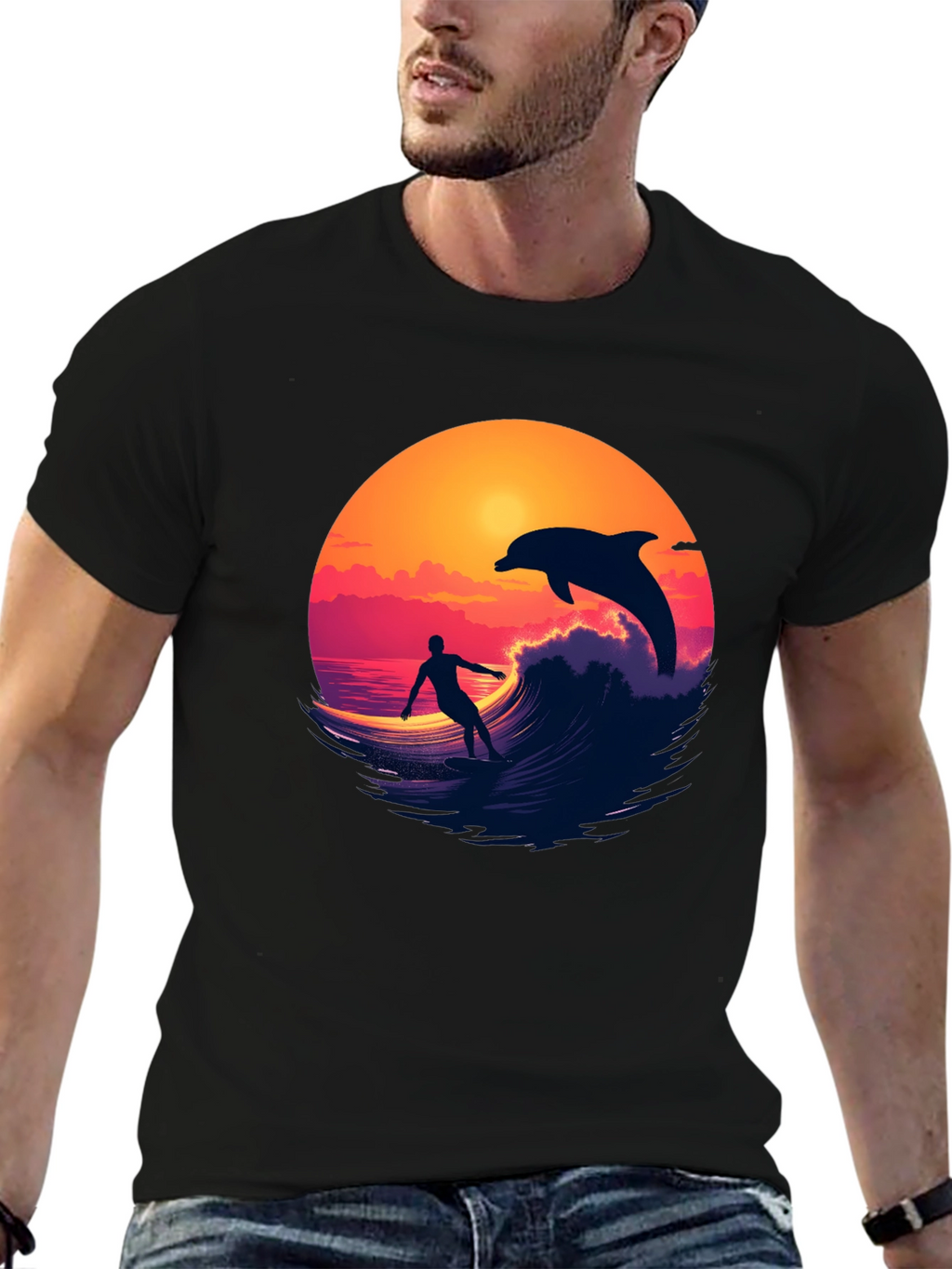 Surfer & Dolphin Sunset Graphic Tee
