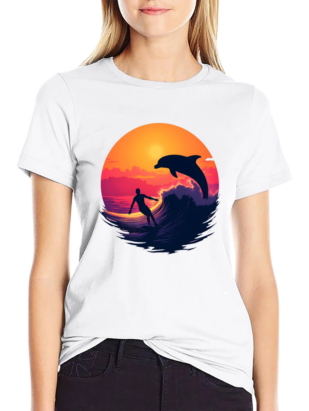 Surfer & Dolphin Sunset Graphic Tee