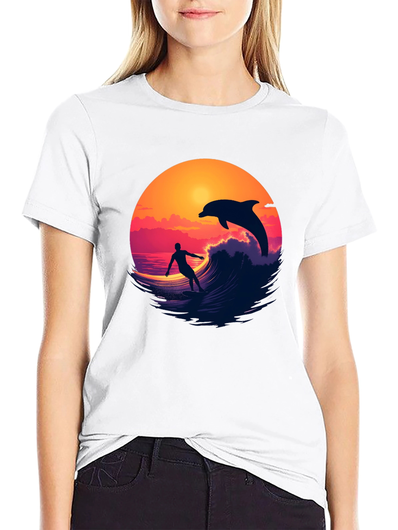 Surfer & Dolphin Sunset Graphic Tee