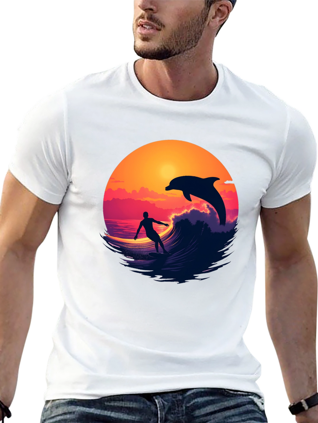 Surfer & Dolphin Sunset Graphic Tee