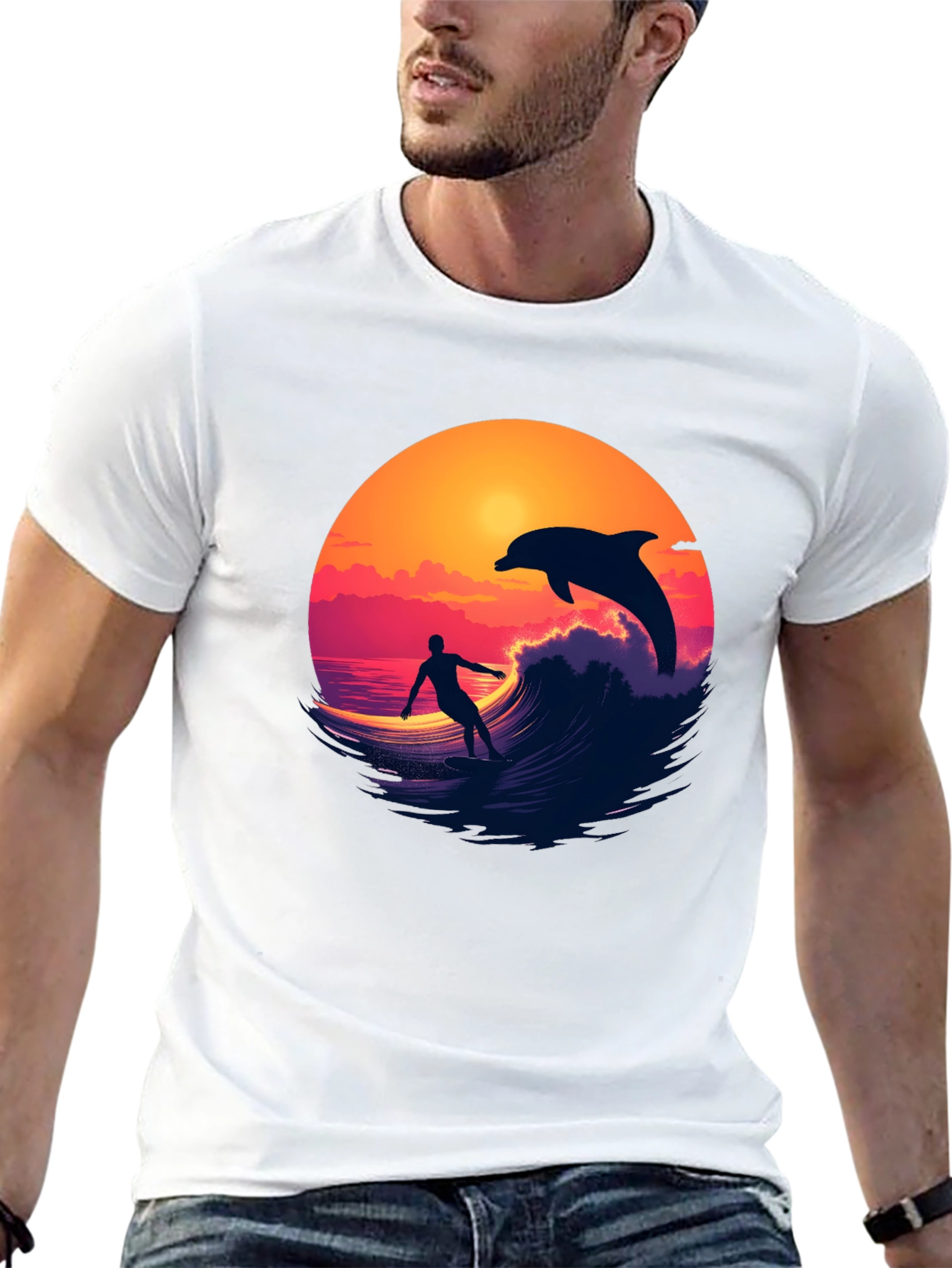 Surfer & Dolphin Sunset Graphic Tee