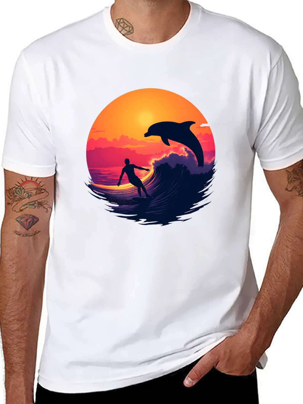 Surfer & Dolphin Sunset Graphic Tee