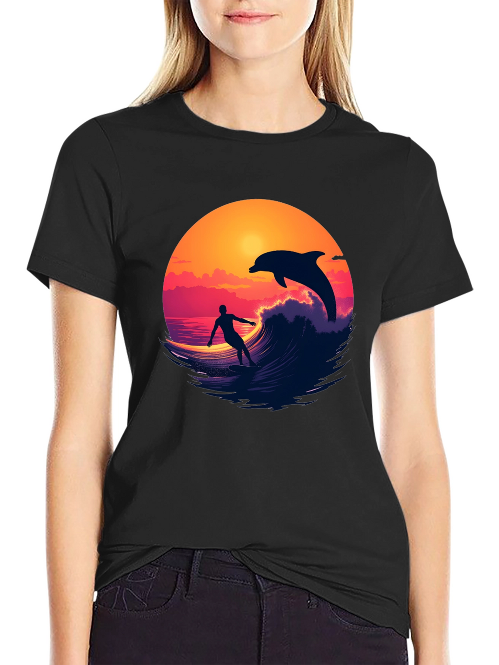 Surfer & Dolphin Sunset Graphic Tee