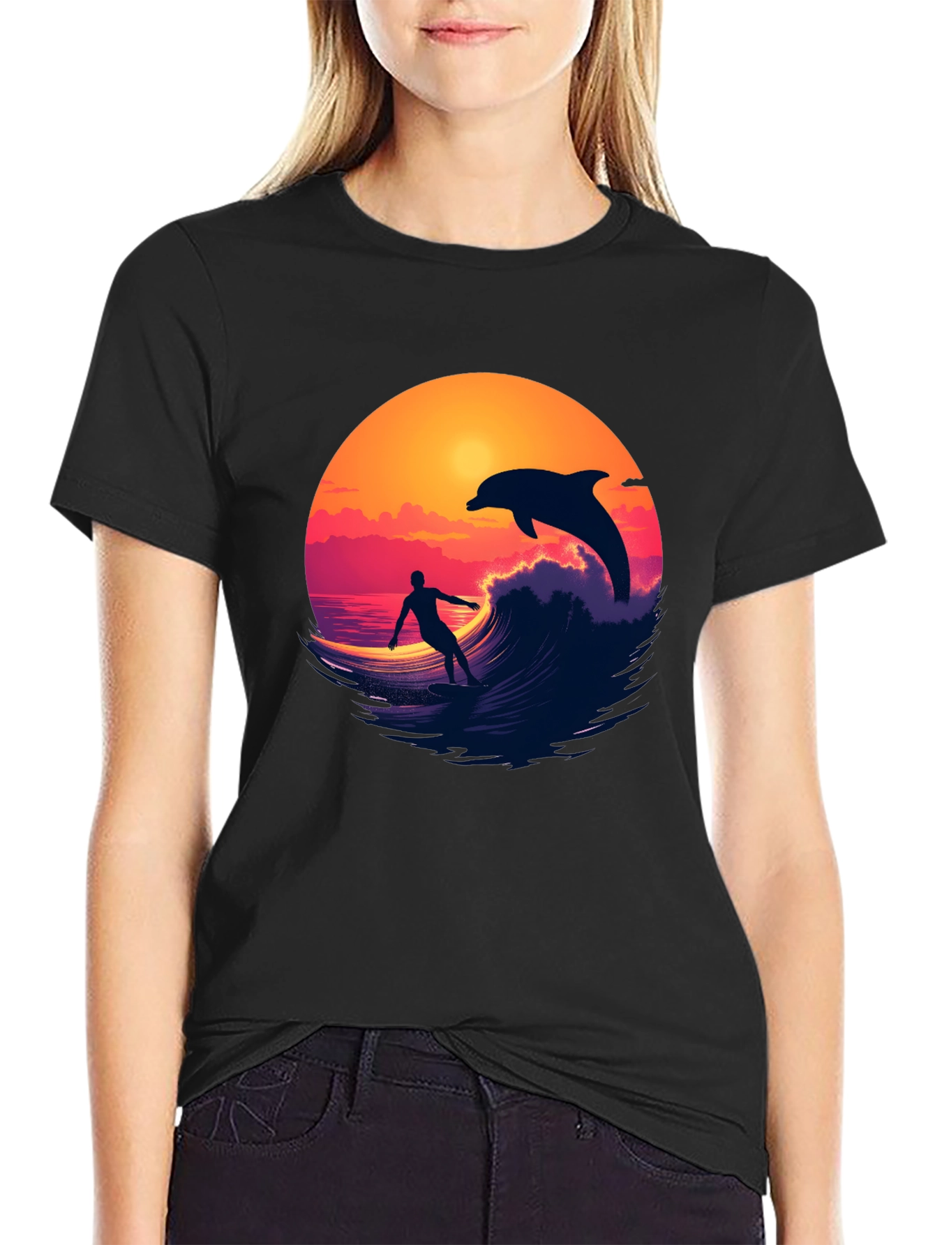 Surfer & Dolphin Sunset Graphic Tee