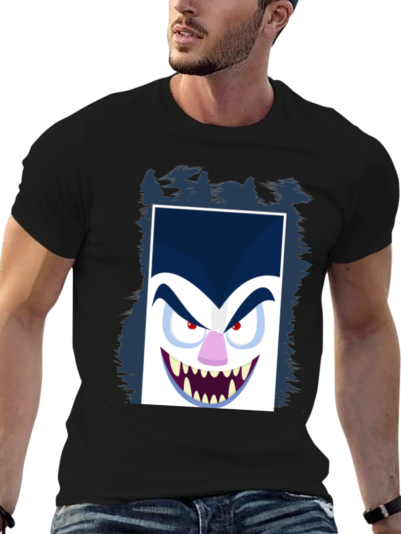 Cartoon Vampire Face Graphic Black Tee