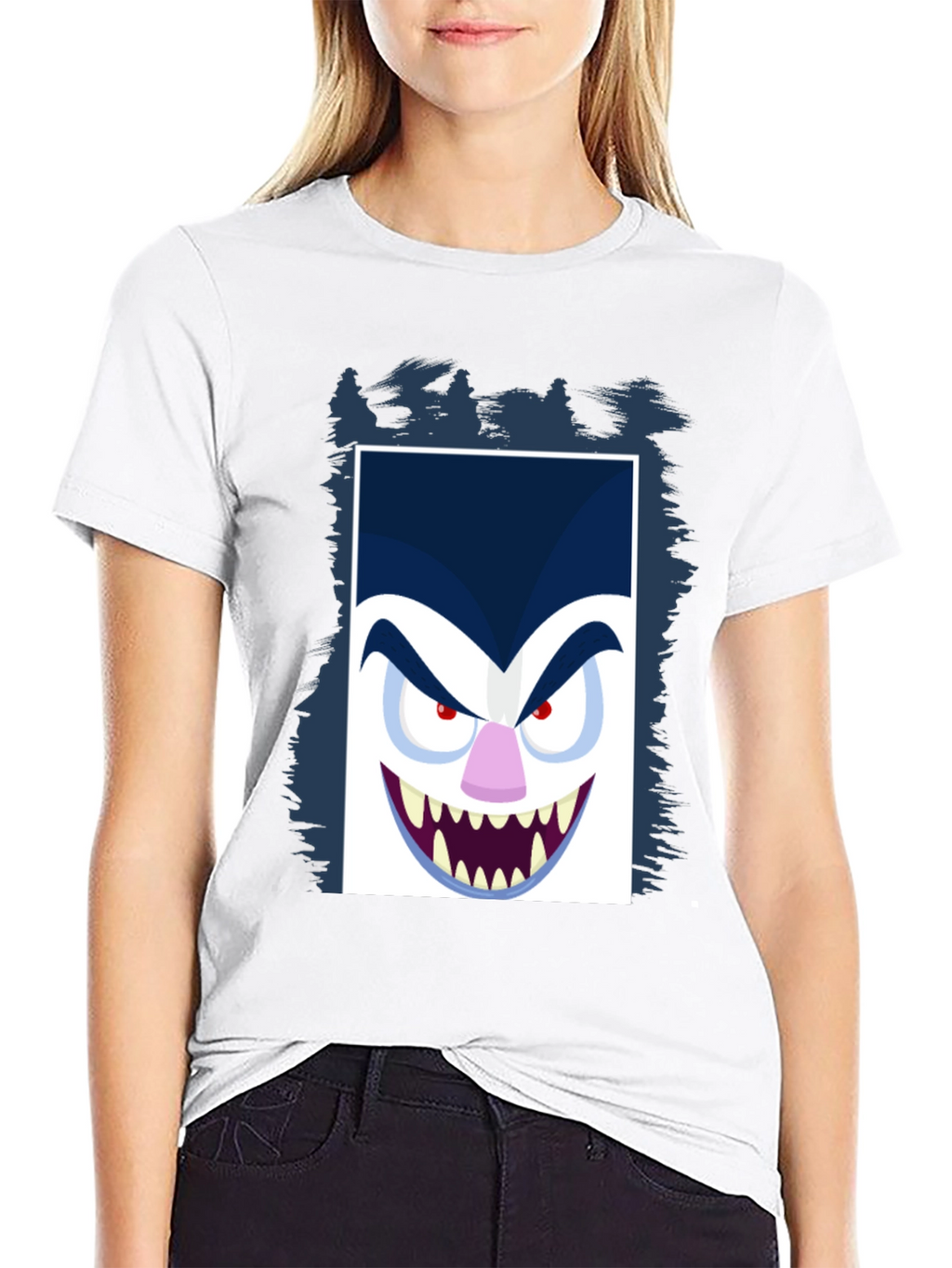 Cartoon Vampire Face Graphic Black Tee