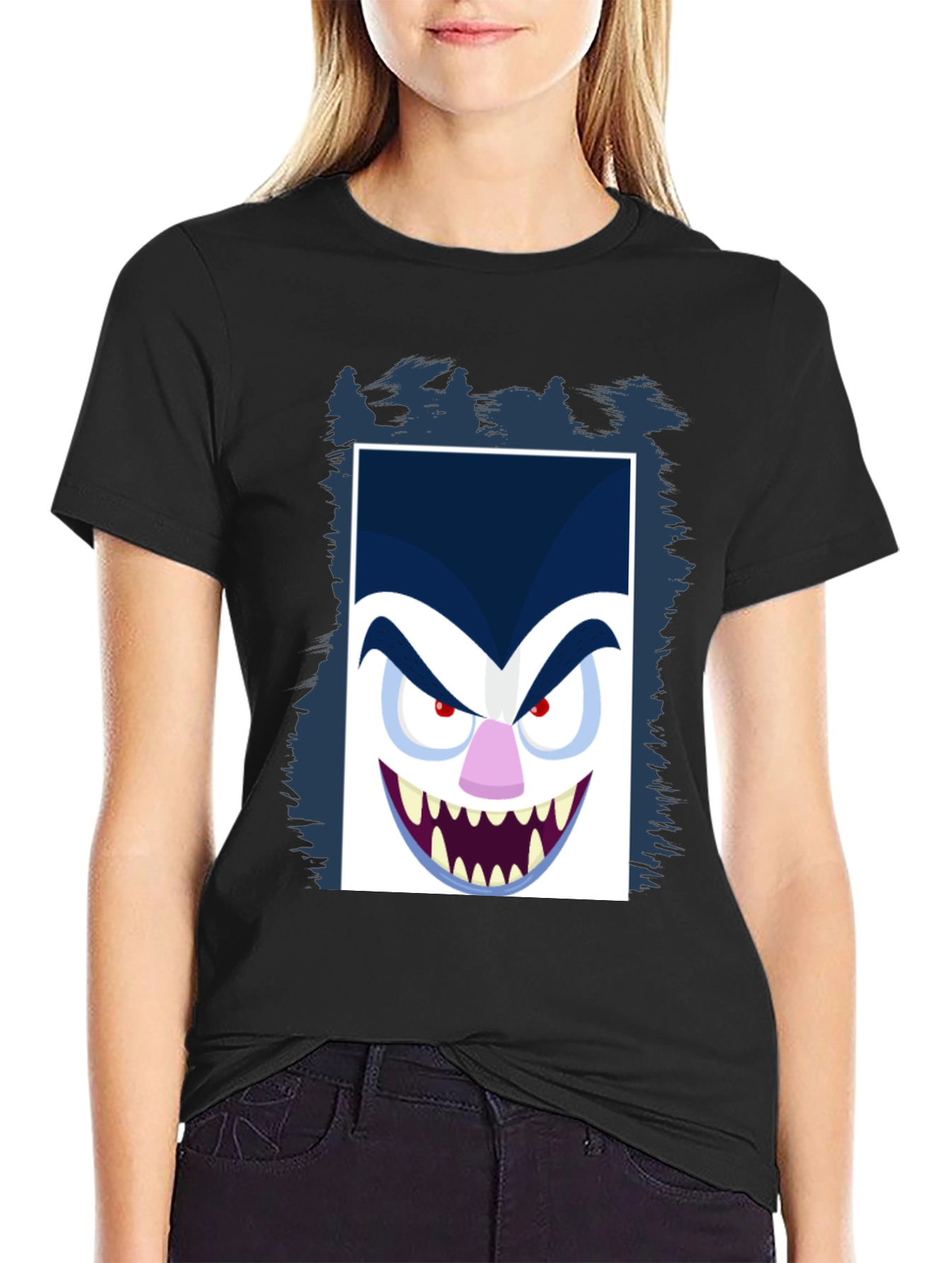 Cartoon Vampire Face Graphic Black Tee