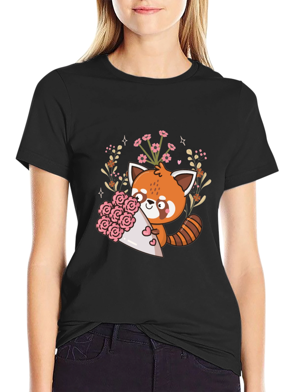 Cute Red Panda Floral Bouquet Graphic Tee