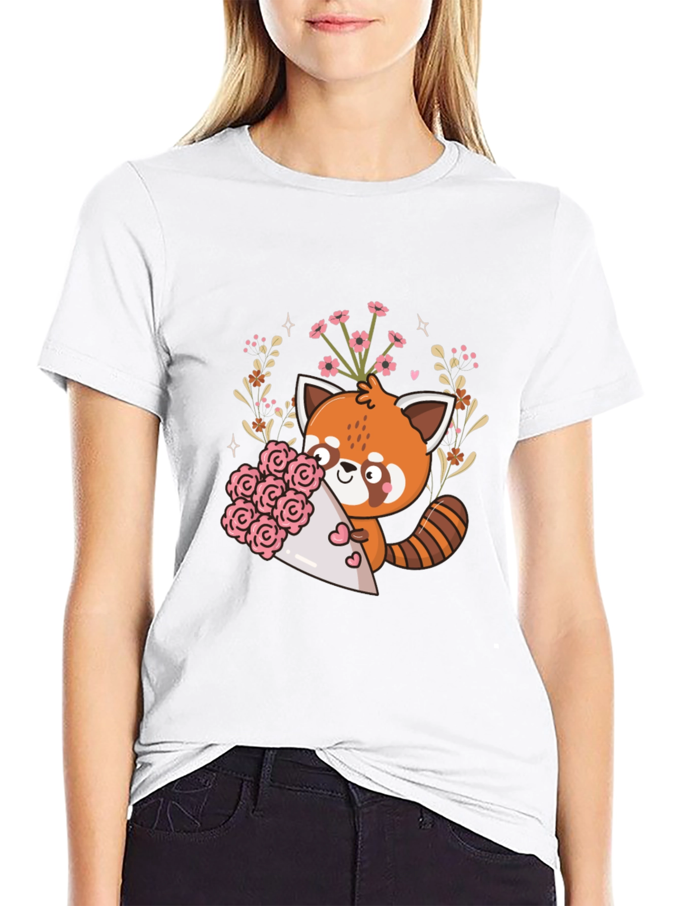 Cute Red Panda Floral Bouquet Graphic Tee